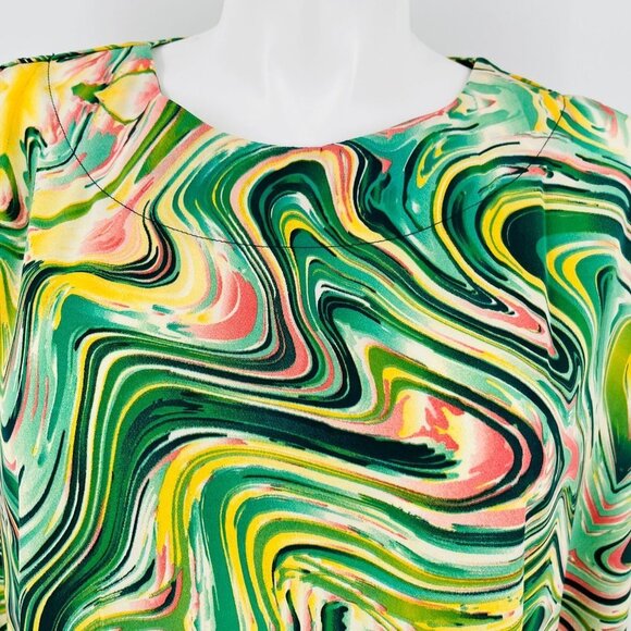 UMGEE U.S.A. Bat-Wing Shift Dress Size S/M Green & Yellow Marble Swirl Kaftan - Picture 3 of 10